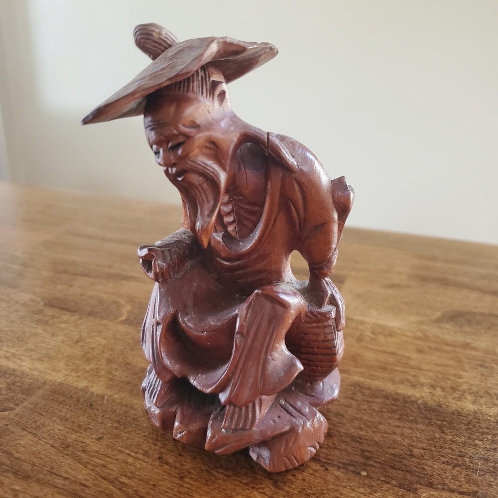 Vintage Handcarved Wooden Chinese Fisherman Figurine
